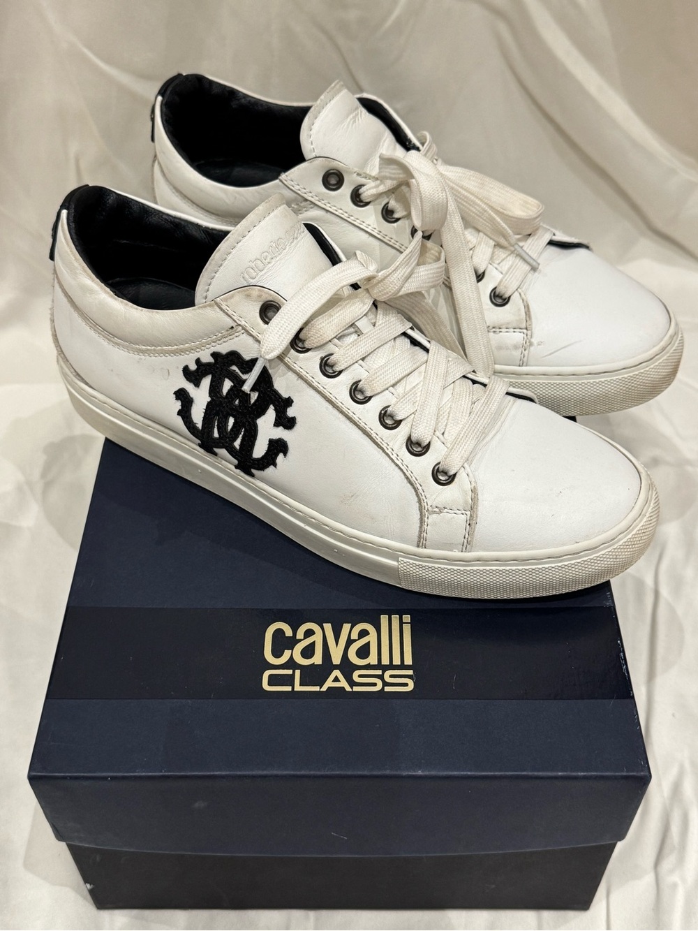 Cavalli Class White Leather Sneakers with Black Logo